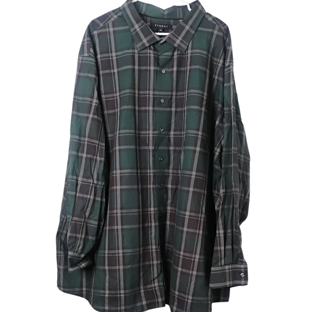 SYNRGY Big & Tall 4xl Green & Black Plaid Long sleeve Collar Button Men's Shirt